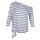 Maxbell Womens Casual Oblique Shoulder Cross Stripe T-shirt with Batwing Sleeve S Blue