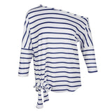 Maxbell Womens Casual Oblique Shoulder Cross Stripe T-shirt with Batwing Sleeve S Blue