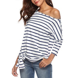 Maxbell Womens Casual Oblique Shoulder Cross Stripe T-shirt with Batwing Sleeve S Blue
