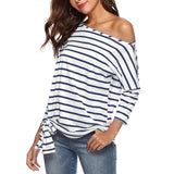 Maxbell Womens Casual Oblique Shoulder Cross Stripe T-shirt with Batwing Sleeve S Blue