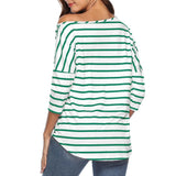 Womens Casual Oblique Shoulder Cross Stripe T-shirt with Batwing Sleeve S Green