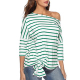 Maxbell Womens Casual Oblique Shoulder Cross Stripe T-shirt with Batwing Sleeve L Green