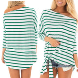 Maxbell Womens Casual Oblique Shoulder Cross Stripe T-shirt with Batwing Sleeve L Green