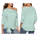 Maxbell Womens Casual Oblique Shoulder Cross Stripe T-shirt with Batwing Sleeve L Green