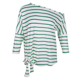 Maxbell Womens Casual Oblique Shoulder Cross Stripe T-shirt with Batwing Sleeve L Green