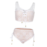 Maxbell Women's Two Pieces Lace Bandage Bikini Swimsuit Beach Swimwear Set L White