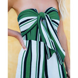 Maxbell Striped Tie Front Strapless Jumpsuit Long Wide Leg Pants Romper XL Green