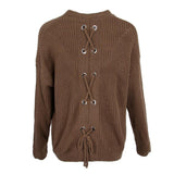 Maxbell Womens Lace up Back Long Sleeve Crew Neck Knitted Sweater Loose Pullover L