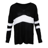 Maxbell Women's Stripe Contrast Color Long Sleeve V Neck Pullover Sweater  Black S