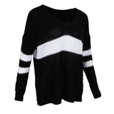 Maxbell Women's Stripe Contrast Color Long Sleeve V Neck Pullover Sweater  Black M