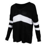 Maxbell Women's Stripe Contrast Color Long Sleeve V Neck Pullover Sweater  Black M