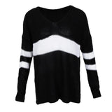 Maxbell Women's Stripe Contrast Color Long Sleeve V Neck Pullover Sweater  Black L