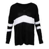 Maxbell Women's Stripe Contrast Color Long Sleeve V Neck Pullover Sweater  Black L