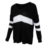 Maxbell Women's Stripe Contrast Color Long Sleeve V Neck Pullover Sweater  Black L