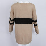 Women's Stripe Contrast Color Long Sleeve V Neck Pullover Sweater Khaki S