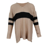 Maxbell Women's Stripe Contrast Color Long Sleeve V Neck Pullover Sweater  Khaki M