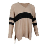 Maxbell Women's Stripe Contrast Color Long Sleeve V Neck Pullover Sweater  Khaki L
