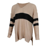 Maxbell Women's Stripe Contrast Color Long Sleeve V Neck Pullover Sweater  Khaki L