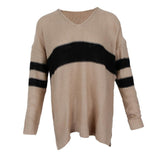 Maxbell Women's Stripe Contrast Color Long Sleeve V Neck Pullover Sweater  Khaki L