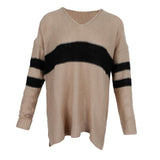 Maxbell Women's Stripe Contrast Color Long Sleeve V Neck Pullover Sweater  Khaki L
