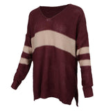 Maxbell Women's Stripe Contrast Color Long Sleeve V Neck Pullover Sweater  Red S