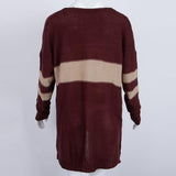 Women's Stripe Contrast Color Long Sleeve V Neck Pullover Sweater Red M