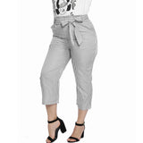 Maxbell Women Summer Striped Drawstring Crop High Waist Pants Plus Size 5XL Black
