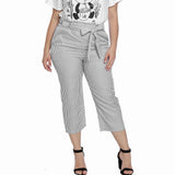 Maxbell Women Summer Striped Drawstring Crop High Waist Pants Plus Size 4XL Black