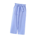 Maxbell Women Summer Striped Drawstring Crop High Waist Pants Plus Size 4XL Blue