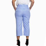 Maxbell Women Summer Striped Drawstring Crop High Waist Pants Plus Size 4XL Blue