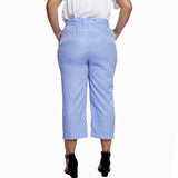 Maxbell Women Summer Striped Drawstring Crop High Waist Pants Plus Size 4XL Blue