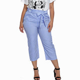 Maxbell Women Summer Striped Drawstring Crop High Waist Pants Plus Size 4XL Blue