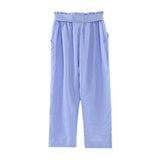 Maxbell Women Summer Striped Drawstring Crop High Waist Pants Plus Size 4XL Blue