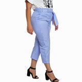 Maxbell Women Summer Striped Drawstring Crop High Waist Pants Plus Size 4XL Blue