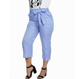 Maxbell Women Summer Striped Drawstring Crop High Waist Pants Plus Size 3XL Blue