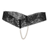 Maxbell Sexy Women Crotchless Panties Sheer Lace Thong Underwear Pearls Strings Black