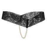 Maxbell Sexy Women Crotchless Panties Sheer Lace Thong Underwear Pearls Strings Black