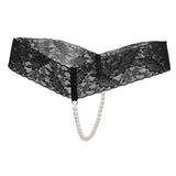 Maxbell Sexy Women Crotchless Panties Sheer Lace Thong Underwear Pearls Strings Black
