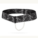 Maxbell Sexy Women Crotchless Panties Sheer Lace Thong Underwear Pearls Strings Black