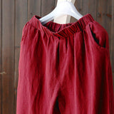 Maxbell Women Loose Solid Cotton Linen High Waist Harem Pants with Pockets S Red