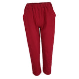 Women Loose Solid Cotton Linen High Waist Harem Pants with Pockets M Red