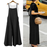 Maxbell Women's Loose Linen Suspender Trousers Wide Leg Overalls Jumpsuit Romper 3XL Black