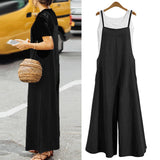 Maxbell Women's Loose Linen Suspender Trousers Wide Leg Overalls Jumpsuit Romper 3XL Black