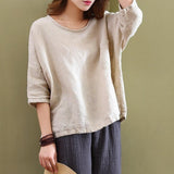 Maxbell Women's Solid 3/4 Short Sleeve Cotton Linen Blouses Top T-Shirt 3XL Apricot