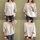 Maxbell Women's Solid 3/4 Short Sleeve Cotton Linen Blouses Top T-Shirt 3XL Apricot