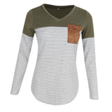 Maxbell Women Striped Suede Pocket Spliced Long Sleeve Slim T-shirt L Green