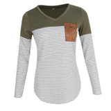 Maxbell Women Striped Suede Pocket Spliced Long Sleeve Slim T-shirt L Green