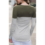 Maxbell Women Striped Suede Pocket Spliced Long Sleeve Slim T-shirt L Green