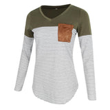Maxbell Women Striped Suede Pocket Spliced Long Sleeve Slim T-shirt XL Green
