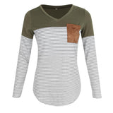 Maxbell Women Striped Suede Pocket Spliced Long Sleeve Slim T-shirt XL Green